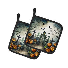 More Spooky Halloween Pair of Pot Holders (Design: Graveyard 2222, size: 7.5HX7.5W)