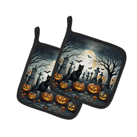 More Spooky Halloween Pair of Pot Holders (Design: Black Cat 2223, size: 7.5HX7.5W)