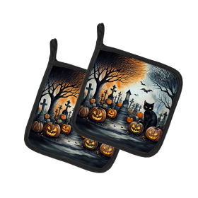 More Spooky Halloween Pair of Pot Holders (Design: Black Cat 2224, size: 7.5HX7.5W)