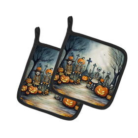 More Spooky Halloween Pair of Pot Holders (Design: Calacas Skeletons 2229, size: 7.5HX7.5W)