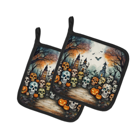 More Spooky Halloween Pair of Pot Holders (Design: Calaveras Sugar Skulls 2232, size: 7.5HX7.5W)