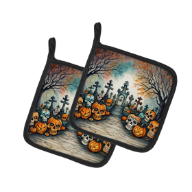More Spooky Halloween Pair of Pot Holders (Design: Calaveras Sugar Skulls 2234, size: 7.5HX7.5W)