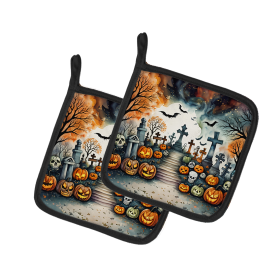 More Spooky Halloween Pair of Pot Holders (Design: Day of the Dead 2237, size: 7.5HX7.5W)