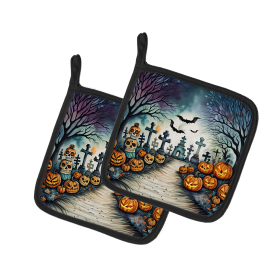 More Spooky Halloween Pair of Pot Holders (Design: Day of the Dead 2238, size: 7.5HX7.5W)