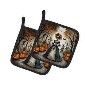 More Spooky Halloween Pair of Pot Holders (Design: La Catrina Skeleton 2249, size: 7.5HX7.5W)
