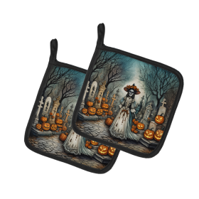 More Spooky Halloween Pair of Pot Holders (Design: La Catrina Skeleton 2250, size: 7.5HX7.5W)