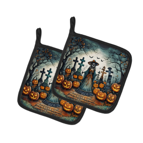 More Spooky Halloween Pair of Pot Holders (Design: La Catrina Skeleton 2252, size: 7.5HX7.5W)