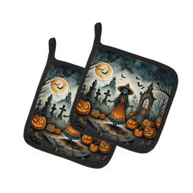 More Spooky Halloween Pair of Pot Holders (Design: La Llorona Skeleton 2253, size: 7.5HX7.5W)