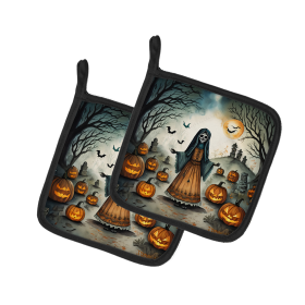 More Spooky Halloween Pair of Pot Holders (Design: La Llorona Skeleton 2254, size: 7.5HX7.5W)