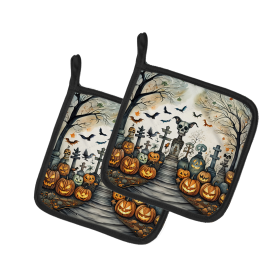 More Spooky Halloween Pair of Pot Holders (Design: Pet Cemetery 2268, size: 7.5HX7.5W)