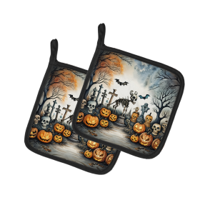 More Spooky Halloween Pair of Pot Holders (Design: Pet Cemetery 2269, size: 7.5HX7.5W)