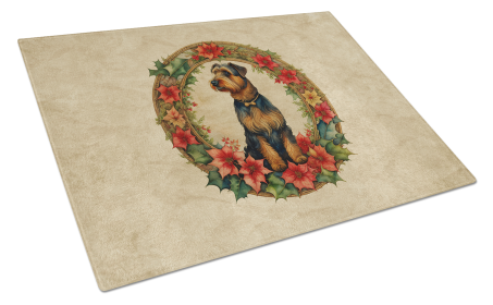 Christmas Flowers Frame Glass Cutting Board (Dog Breed: Airedale Terrier  2296, size: large)