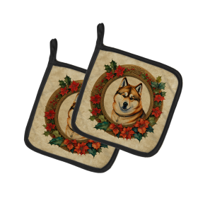 Christmas Flowers Frame Pair of Pot Holders (Design: Akita  2297, size: 7.5HX7.5W)