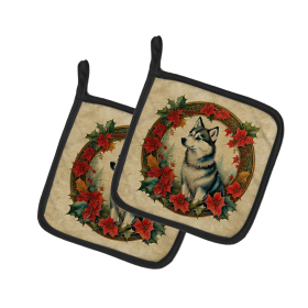Christmas Flowers Frame Pair of Pot Holders (Design: Alaskan Klee Kai  2298, size: 7.5HX7.5W)