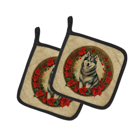 Christmas Flowers Frame Pair of Pot Holders (Design: Alaskan Malamute  2299, size: 7.5HX7.5W)