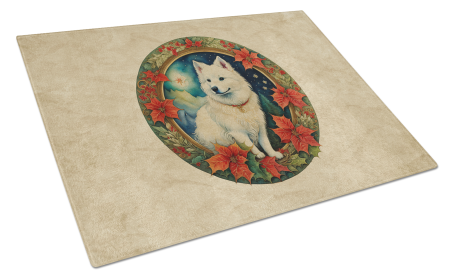 Christmas Flowers Frame Glass Cutting Board (Dog Breed: American Eskimo  2302, size: large)
