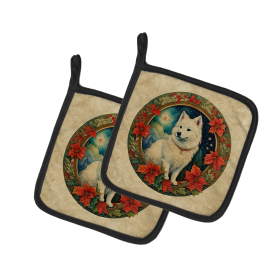 Christmas Flowers Frame Pair of Pot Holders (Design: American Eskimo  2302, size: 7.5HX7.5W)