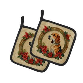 Christmas Flowers Frame Pair of Pot Holders (Design: American Foxhound  2303, size: 7.5HX7.5W)