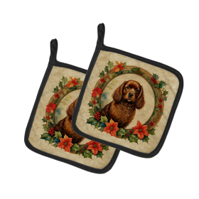 Christmas Flowers Frame Pair of Pot Holders (Design: American Water Spaniel  2304, size: 7.5HX7.5W)