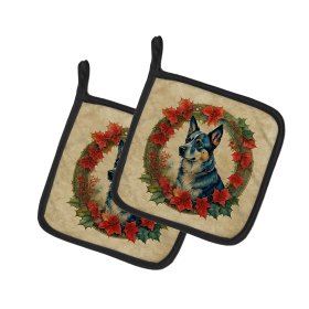 Christmas Flowers Frame Pair of Pot Holders (Design: Australian Cattle Dog  2307, size: 7.5HX7.5W)