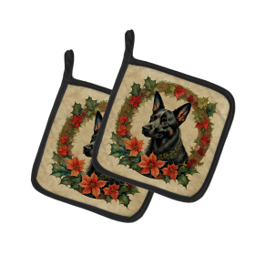 Christmas Flowers Frame Pair of Pot Holders (Design: Australian Kelpie  2308, size: 7.5HX7.5W)