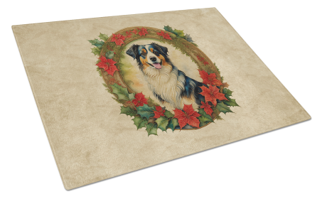 Christmas Flowers Frame Glass Cutting Board (Dog Breed: Australian Shepherd  2309, size: large)