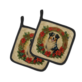 Christmas Flowers Frame Pair of Pot Holders (Design: Australian Shepherd  2309, size: 7.5HX7.5W)