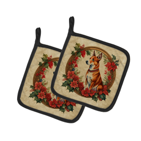 Christmas Flowers Frame Pair of Pot Holders (Design: Basenji  2311, size: 7.5HX7.5W)