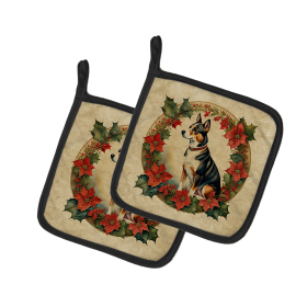 Christmas Flowers Frame Pair of Pot Holders (Design: Basenji  2312, size: 7.5HX7.5W)