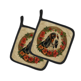 Christmas Flowers Frame Pair of Pot Holders (Design: Basset Hound  2313, size: 7.5HX7.5W)