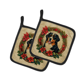 Christmas Flowers Frame Pair of Pot Holders (Design: Bernese Mountain Dog 2319, size: 7.5HX7.5W)