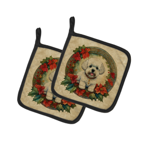Christmas Flowers Frame Pair of Pot Holders (Design: Bichon Frise 2320, size: 7.5HX7.5W)