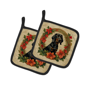 Christmas Flowers Frame Pair of Pot Holders (Design: Black and Tan Coonhound 2321, size: 7.5HX7.5W)