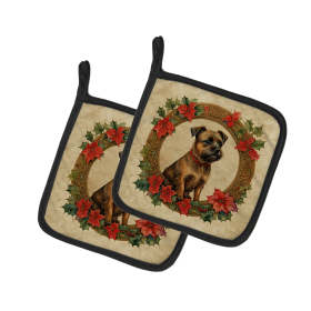 Christmas Flowers Frame Pair of Pot Holders (Design: Border Terrier 2325, size: 7.5HX7.5W)