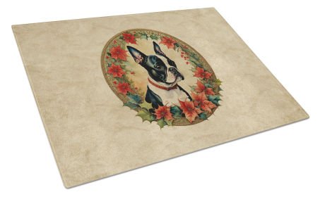 Christmas Flowers Frame Glass Cutting Board (Dog Breed: Boston Terrier 2327, size: large)