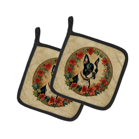 Christmas Flowers Frame Pair of Pot Holders (Design: Boston Terrier 2327, size: 7.5HX7.5W)