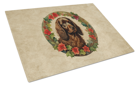Christmas Flowers Frame Glass Cutting Board (Dog Breed: Boykin Spaniel 2331, size: large)