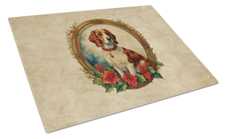 Christmas Flowers Frame Glass Cutting Board (Dog Breed: Brittany Spaniel 2333, size: large)