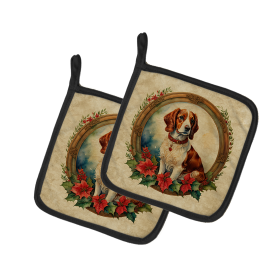 Christmas Flowers Frame Pair of Pot Holders (Design: Brittany Spaniel 2333, size: 7.5HX7.5W)