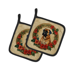 Christmas Flowers Frame Pair of Pot Holders (Design: Bullmastiff 2335, size: 7.5HX7.5W)