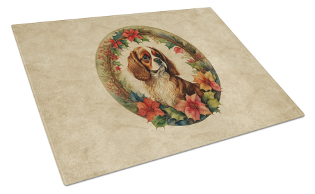 Christmas Flowers Frame Glass Cutting Board (Dog Breed: Cavalier Spaniel 2339, size: large)
