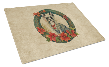 Christmas Flowers Frame Glass Cutting Board (Dog Breed: Chinese Crested 2342, size: large)