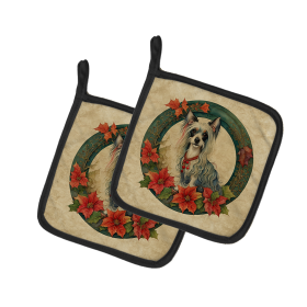 Christmas Flowers Frame Pair of Pot Holders (Design: Chinese Crested 2342, size: 7.5HX7.5W)