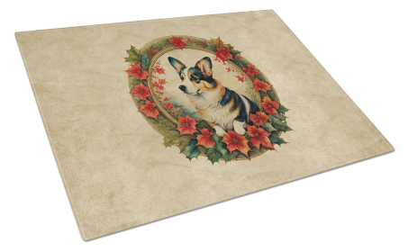 Christmas Flowers Frame Glass Cutting Board (Dog Breed: Corgi 2348, size: large)