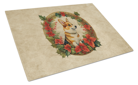 Christmas Flowers Frame Glass Cutting Board (Dog Breed: Corgi 2350, size: large)