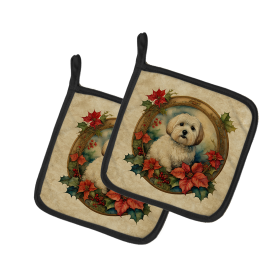 Christmas Flowers Frame Pair of Pot Holders (Design: Coton De Tulear 2351, size: 7.5HX7.5W)