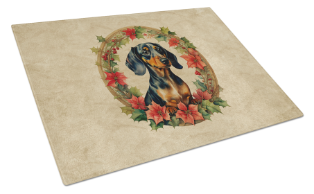Christmas Flowers Frame Glass Cutting Board (Dog Breed: Dachshund 2352, size: large)