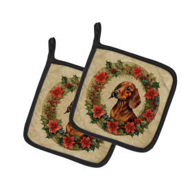 Christmas Flowers Frame Pair of Pot Holders (Design: Dachshund 2353, size: 7.5HX7.5W)