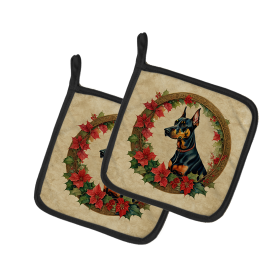 Christmas Flowers Frame Pair of Pot Holders (Design: Doberman Pinscher 2355, size: 7.5HX7.5W)