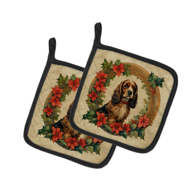 Christmas Flowers Frame Pair of Pot Holders (Design: English Cocker Spaniel 2357, size: 7.5HX7.5W)